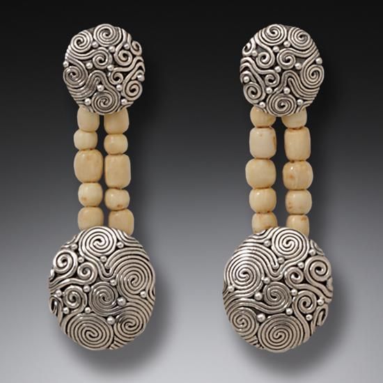 "String Theory II" Fossilized Walrus Ivory Bead Sterling Silver Earrings