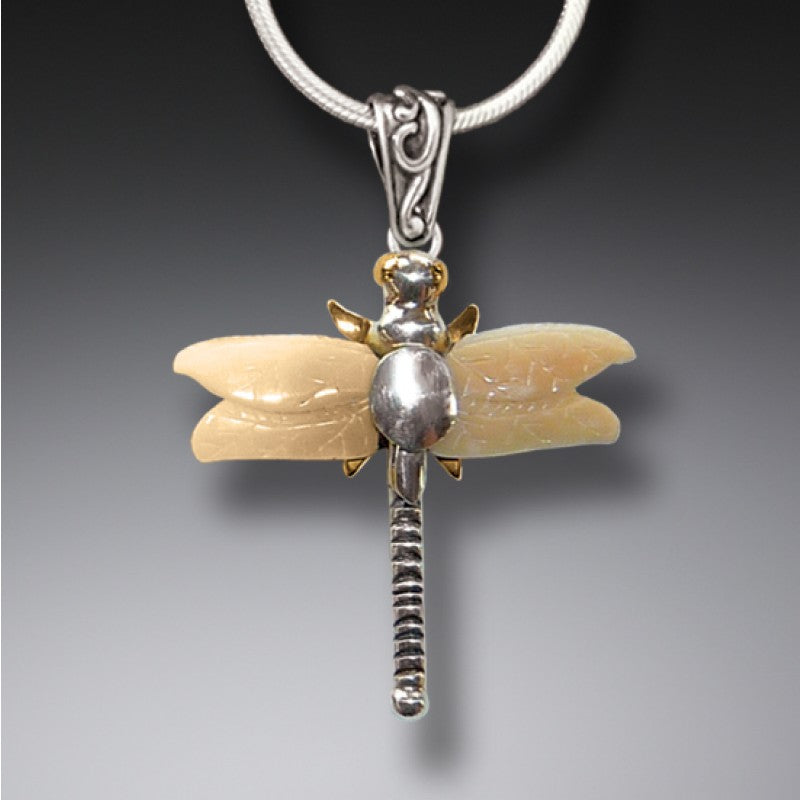 FOSSILIZED WALRUS TUSK SILVER DRAGONFLY PENDANT NECKLACE WITH 14KT GOLD FILL - DRAGONFLY