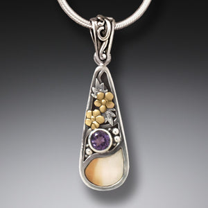 FOSSILIZED WALRUS TUSK SILVER TEARDROP NECKLACE, 14KT GOLD FILL AND AMETHYST - FIRST RAIN