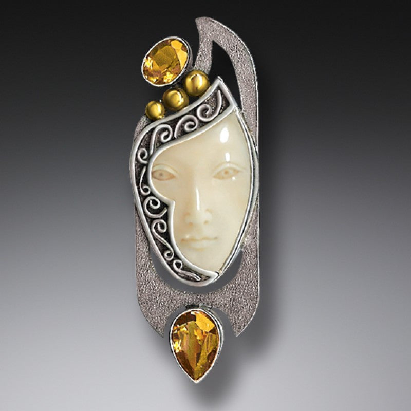 "Enigma" Ancient Fossilized Walrus Tusk Ivory and Citrine Goddess Silver Pin or Pendant