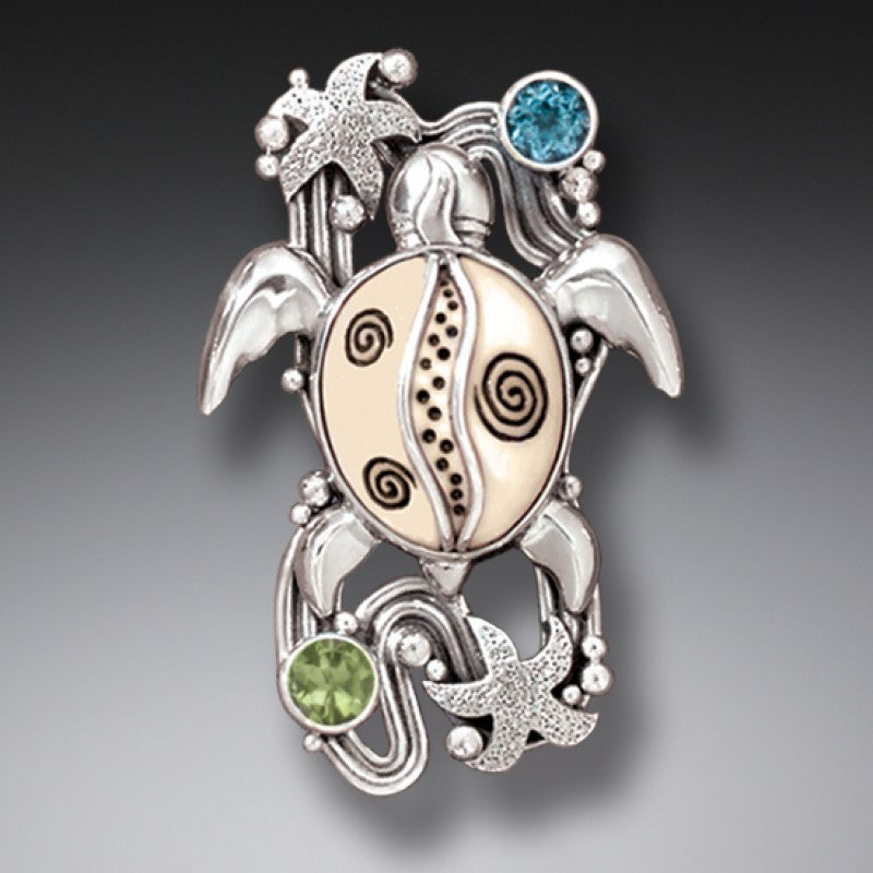 "On the Beach" Ancient Fossilized Walrus Tusk Ivory, Peridot and Blue Topaz  Sterling Silver Sea Turtle Pin or Pendant