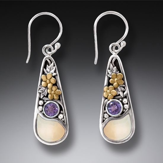 "First Rain" Fossilized Walrus Ivory Silver Teardrop Earrings, 14kt Gold Filled and Amethyst Accent