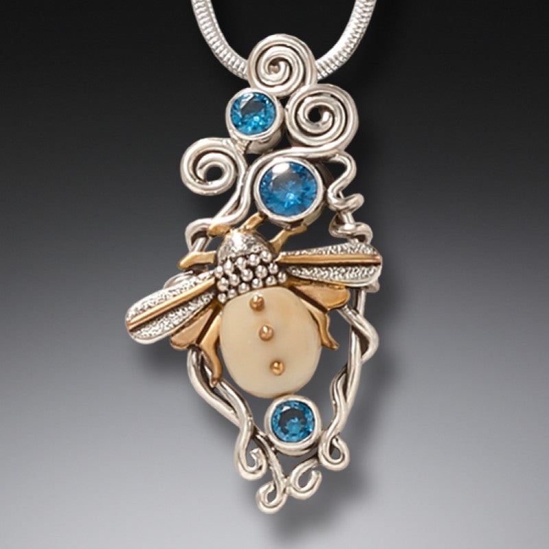 FOSSILIZED WALRUS TUSK AND BLUE TOPAZ SILVER BEE PENDANT - MORNING BEE