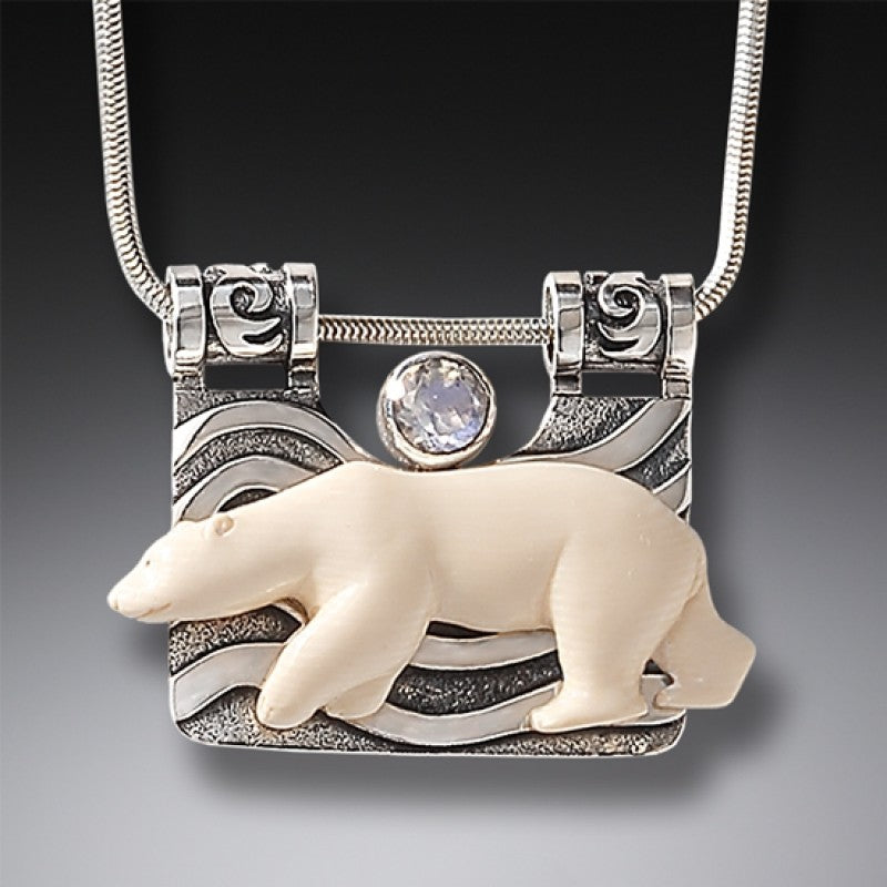"The Seeker" Fossilized Mammoth Tusk and Rainbow Moonstone Sterling Silver Pendant