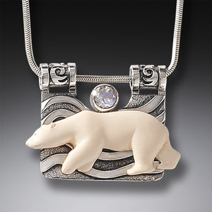 "The Seeker" Fossilized Mammoth Tusk and Rainbow Moonstone Sterling Silver Pendant