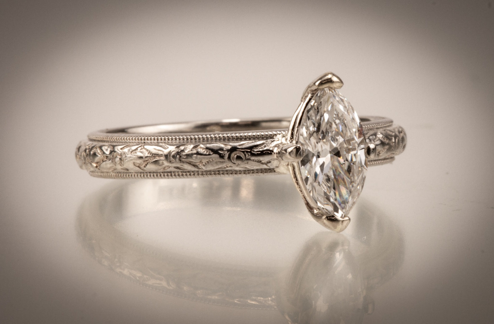 A Marquise Diamond 18kt Palladium White Gold Ring