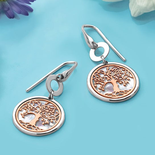 Leslie's Sterling Silver and Rose-tone MOP Tree of Life Dangle Earrings