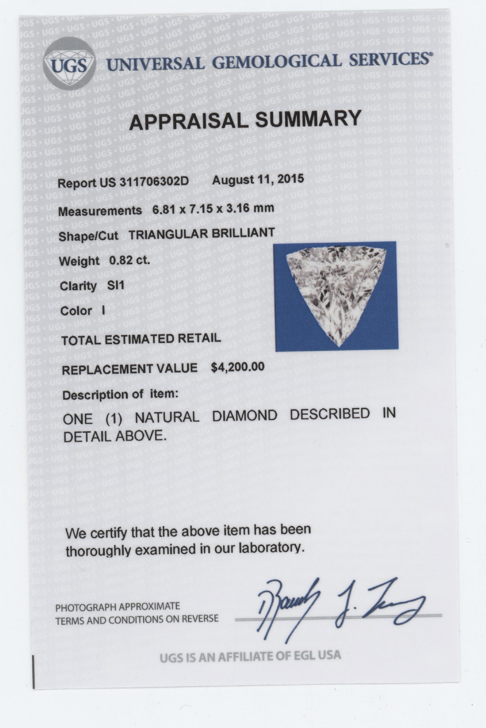 A .82ct Trilliant Diamond Solitaire