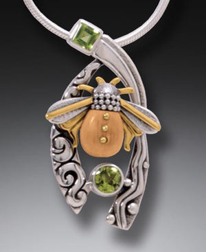 FOSSILIZED WALRUS TUSK BEE NECKLACE SILVER AND PERIDOT - BEE WITH PERIDOT