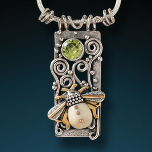 FOSSILIZED WALRUS TUSK  SILVER BEE PENDANT, 14KT GOLD FILL AND PERIDOT - BEE FREE