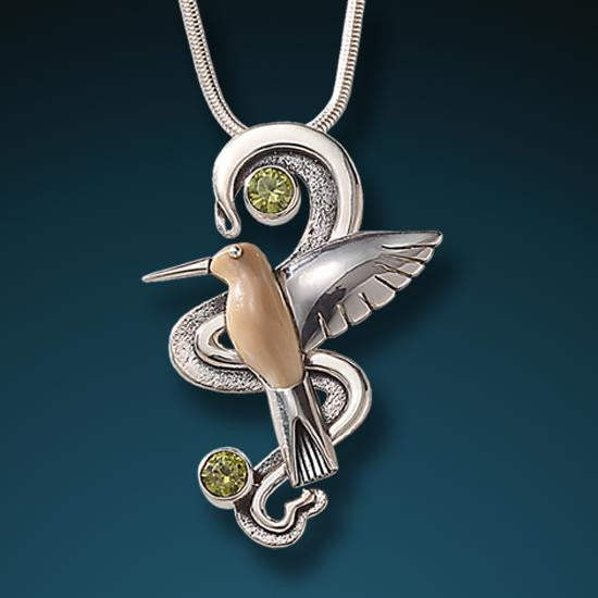 FOSSILIZED WALRUS TUSK HUMMINGBIRD NECKLACE SILVER WITH PERIDOT, HANDMADE SILVER - HUMMINGBIRD FLIGHT