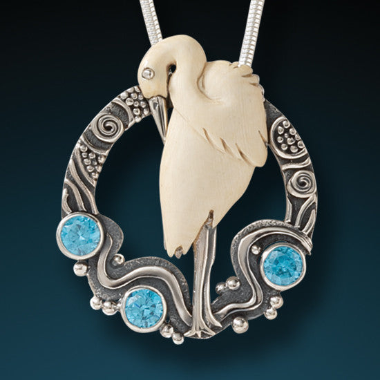 "Egret in Flow" Ancient Fossilized Mammoth Tusk and Blue Topaz Silver Pendant
