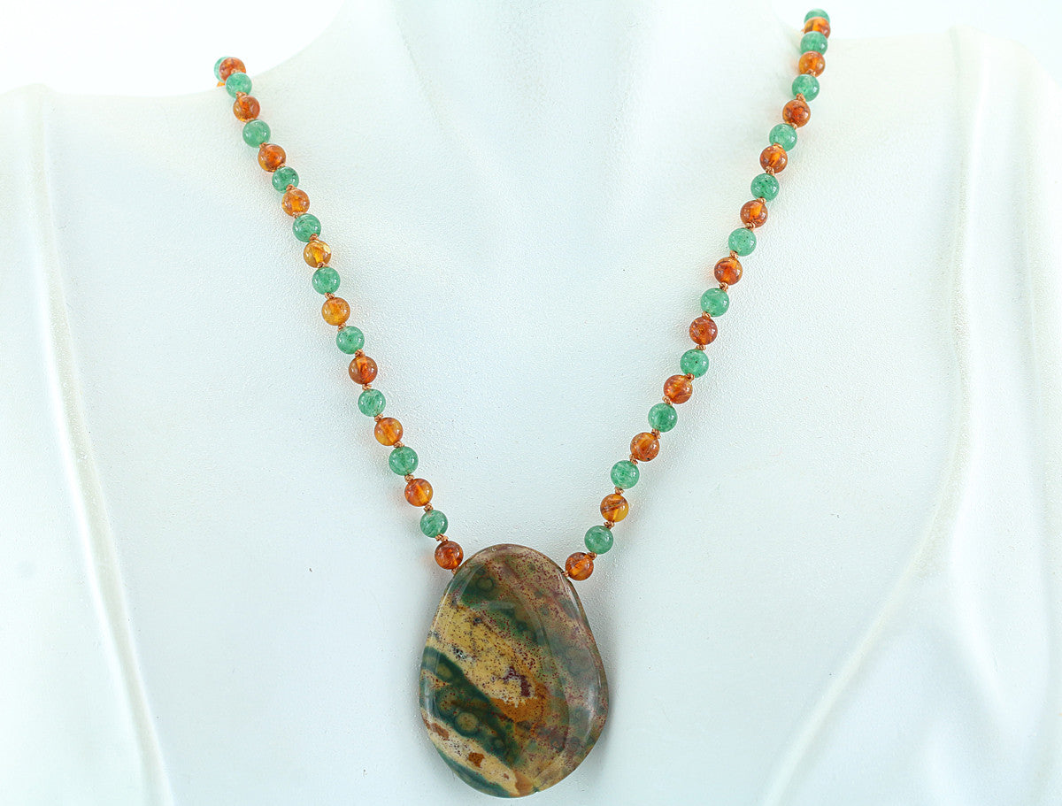 Bloodstone, Amber and Aventurine Necklace 20"