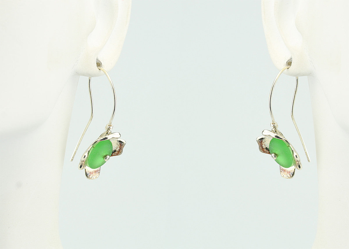 Emerald Green Sea Glass Flower Silver Earrings