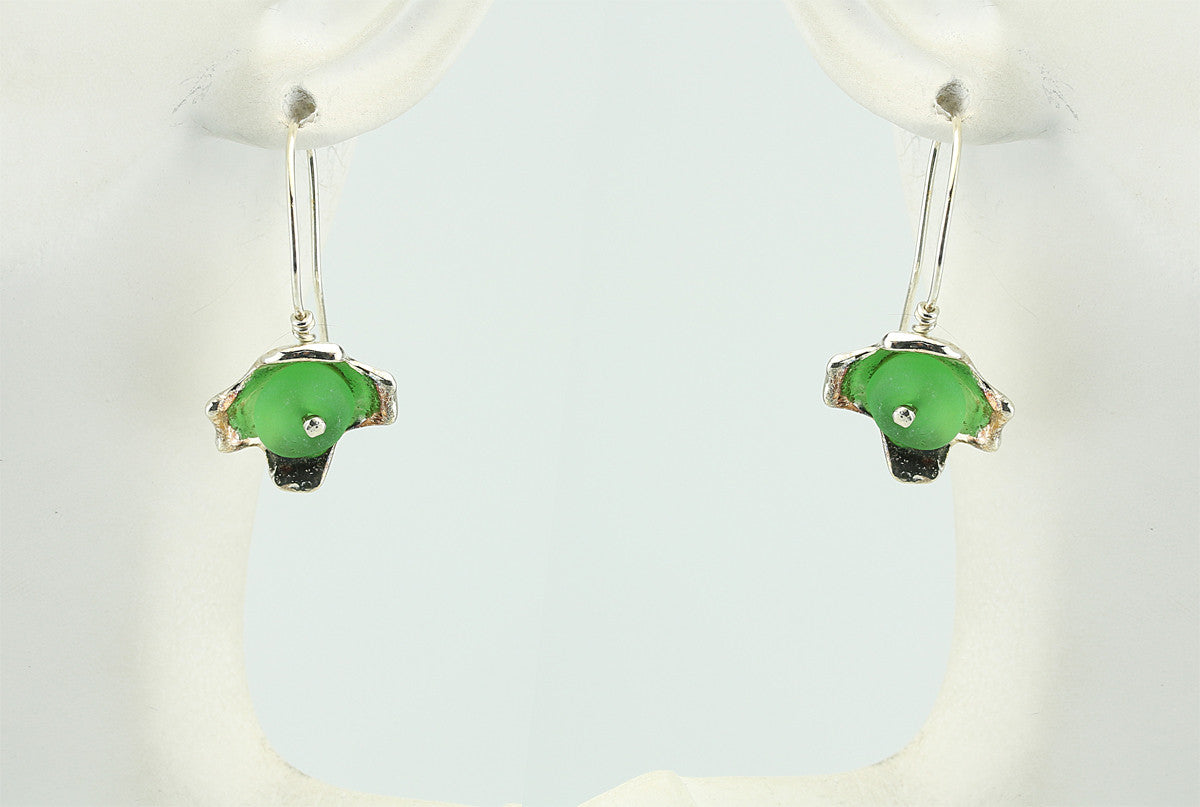 Emerald Green Sea Glass Flower Silver Earrings