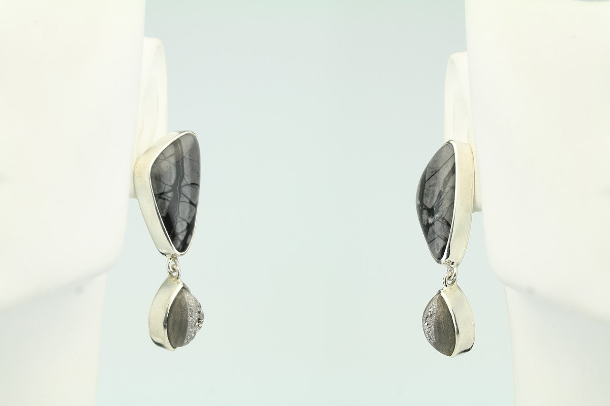 Picasso Marble and Druzy Sterling Silver Post Earrings