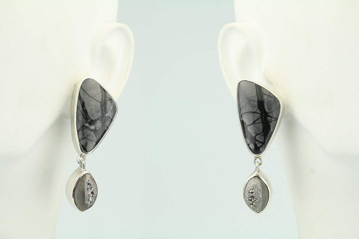 Picasso Marble and Druzy Sterling Silver Post Earrings