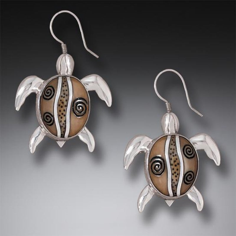 "Turtles" Ancient Fossilized Walrus Tusk Ivory Sterling Silver Earrings, Handmade