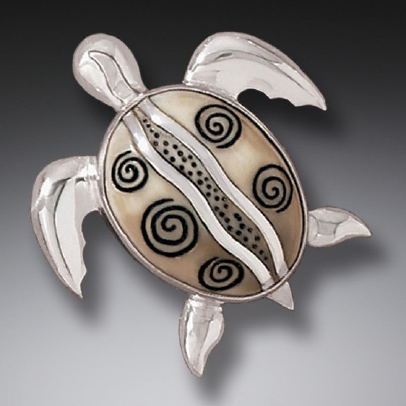 "Turtle at Play" Ancient Fossilized Walrus Tusk Ivory Sterling Silver Pin and Pendant
