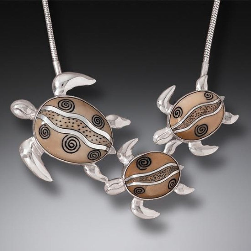 "Mother and Baby Turtles" Fossilized Walrus Ivory Sterling Silver Necklace