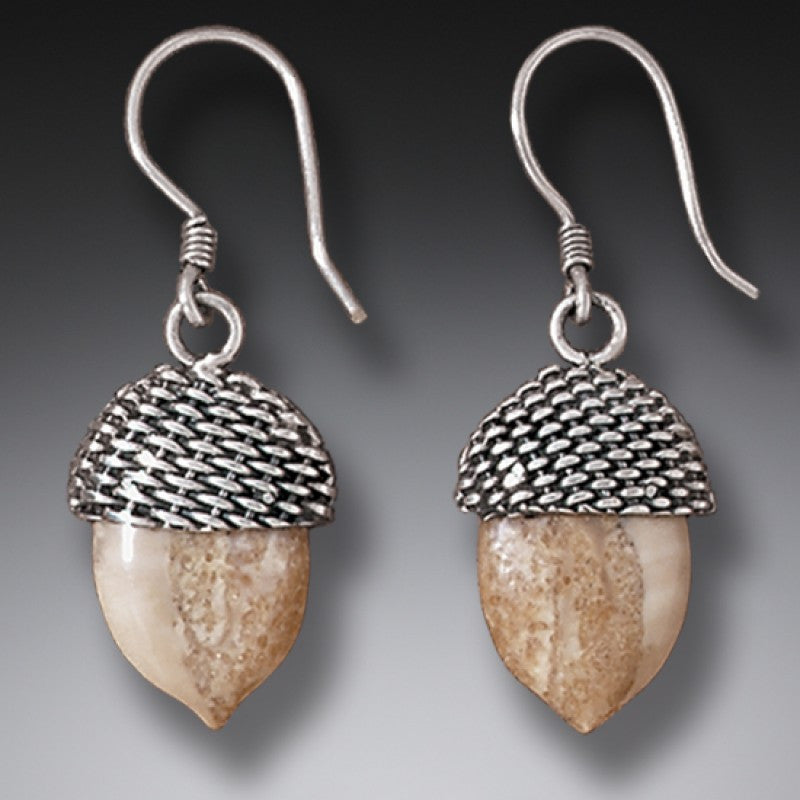"Acorn" Ancient Fossilized Walrus Tusk Ivory Sterling Silver Earrings