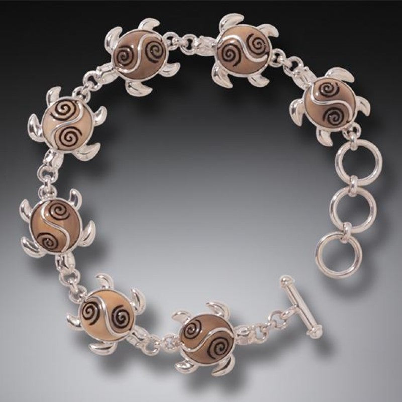 "Turtle Circle" Ancient Fossilized Walrus Ivory Tusk and Sterling Silver Bracelet