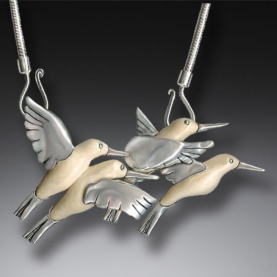 "Hummingbirds" Ancient Fossilized Walrus Tusk Ivory Silver Necklace