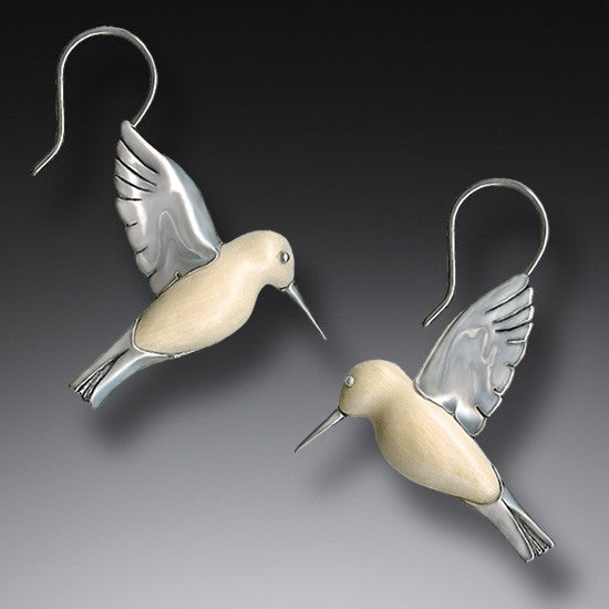 "Hummingbirds" Ancient Fossilized Walrus Tusk Ivory Silver Earrings