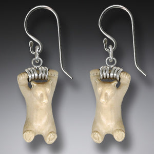 "Hanging Bears" Ancient Fossilized Mammoth Tusk Ivory Silver Earrings