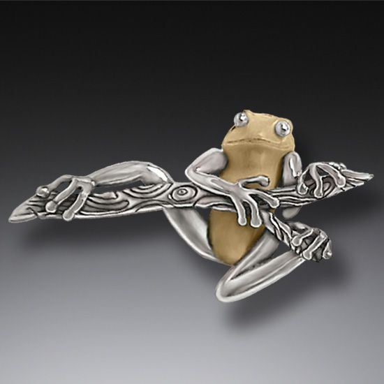 FOSSILIZED WALRUS TUSK IVORY SILVER FROG PIN, HANDMADE - TREE FROG