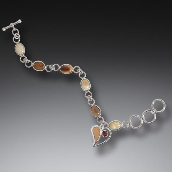 FOSSILIZED WALRUS IVORY SILVER HEART CHARM BRACELET WITH GARNET, HANDMADE - HEART SONG