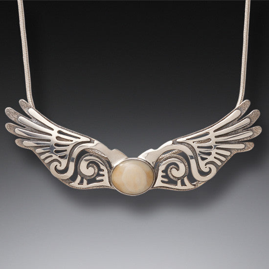 "Wings" Ancient Fossilized Walrus Tusk Silver Pendant