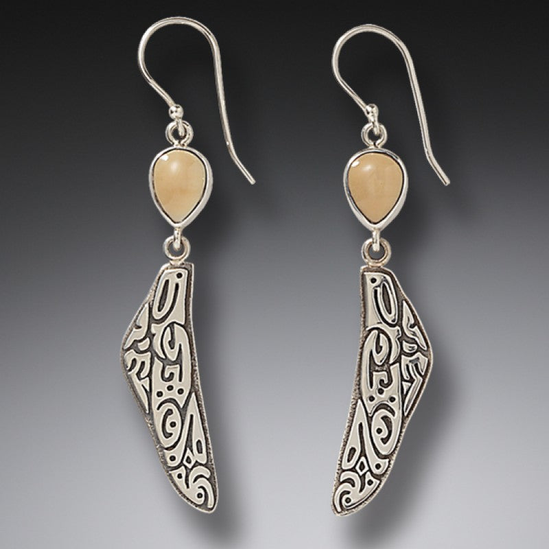 "Tribal Wings" Ancient Fossilized Walrus Tusk Ivory Sterling Silver Earrings