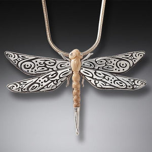FOSSILIZED WALRUS TUSK SILVER DRAGONFLY PENDANT, HANDMADE - TRIBAL DRAGONFLY