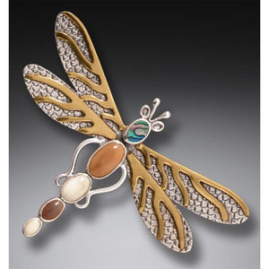 "Dragonfly Dreams" Ancient Fossilized Tusk Ivory and Paua and 14kt Gold Fill Silver Dragonfly Pin or Pendant