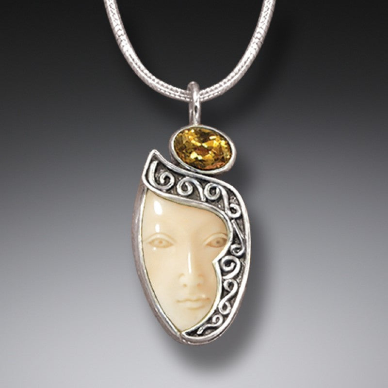 FOSSILIZED WALRUS TUSK GODDESS ENIGMA NECKLACE WITH CITRINE, HANDMADE SILVER - ENIGMA