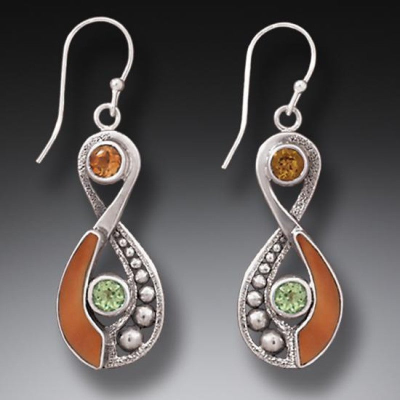 "Infinity" Ancient Fossilized Walrus Ivory Tusk, Peridot and Citrine Infinity Silver Earrings