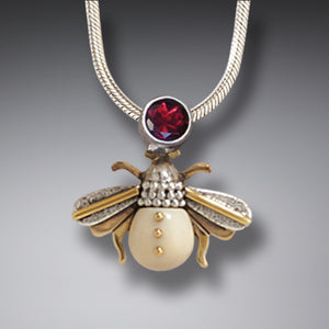 FOSSILIZED WALRUS TUSK SILVER BEE PENDANT NECKLACE, 14KT GOLD FILL AND GARNET - BEE