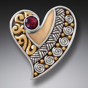 "Heart" Ancient Fossilized Walrus Tusk and Garnet Sterling Silver Pin or Pendant