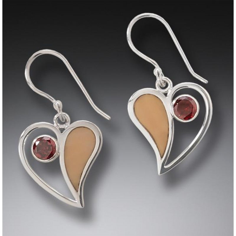 "Heart Song" Ancient Fossilized Walrus Tusk and Garnet Silver Earrings