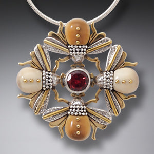 FOSSILIZED WALRUS TUSK FOUR BEES NECKLACE, 14KT GOLD FILL AND GARNET - BEE MANDALA