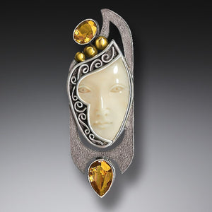 "Enigma" Ancient Fossilized Walrus Tusk Ivory and Citrine Goddess Silver Pin or Pendant