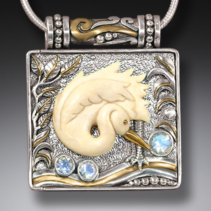 "Egret" Ancient Fossilized Mammoth Ivory Tusk, Rainbow Moonstone, 14KT Gold Fill and Sterling Silver Locket