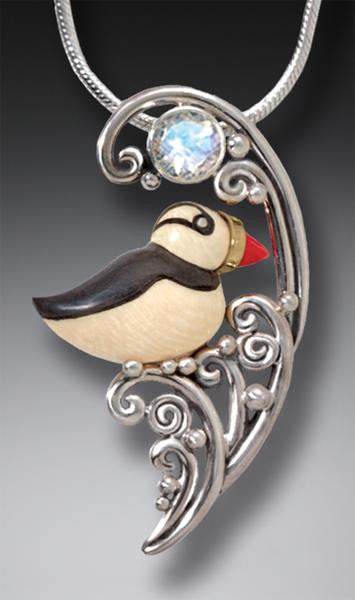 "Puffin in the Waves" Ancient Fossilized Mammoth Tusk and Moonstone Silver Pendant
