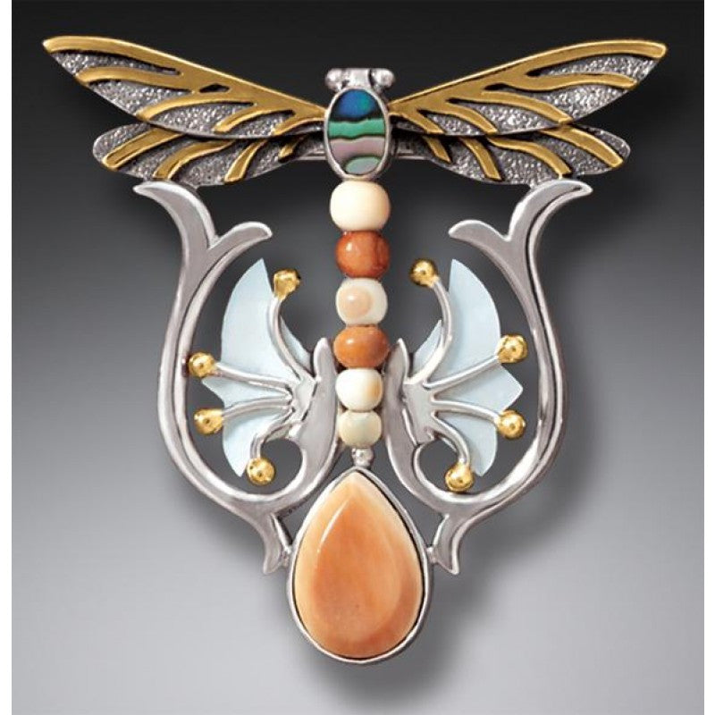 "Dragonfly Rising" Ancient Fossilized Tusk Ivory, Mother of Pearl and Paua and 14kt Gold Fill Silver Dragonfly Pin or Pendant