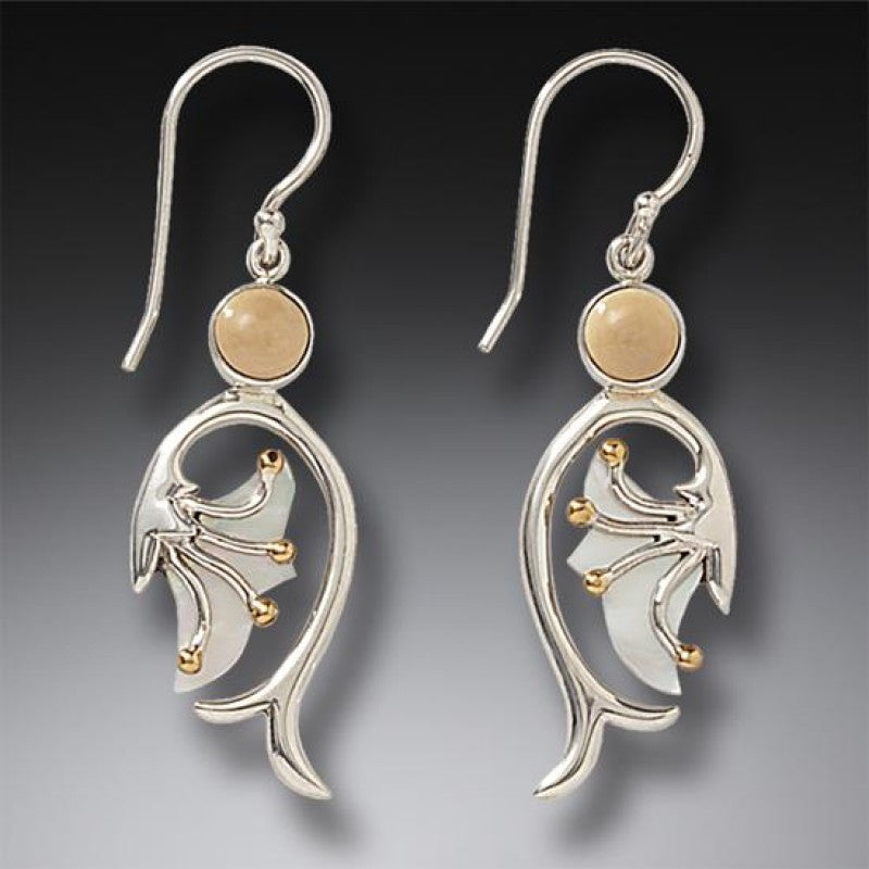 "Emergence" Ancient Fossilized Walrus Tusk Ivory and Mother of Pearl Silver and 14kt Gold Fill Earrings