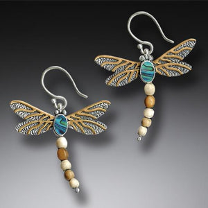 "Dragonfly II" Ancient Fossilized Walrus Tusk Ivory, Paua, 14kt Gold Fill and Sterling Silver Earrings