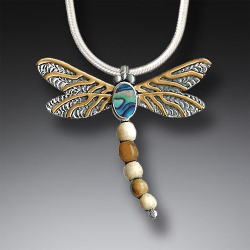 FOSSILIZED WALRUS TUSK DRAGONFLY PENDANT SILVER WITH PAUA AND 14KT GOLD FILL - DRAGONFLY II