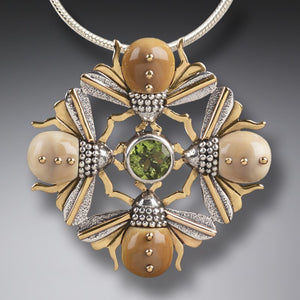 FOSSILIZED WALRUS TUSK FOUR BEES NECKLACE, 14KT GOLD FILL AND PERIDOT - BEE MANDALA
