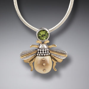 FOSSILIZED WALRUS TUSK BEE NECKLACE SILVER WITH PERIDOT - BEE